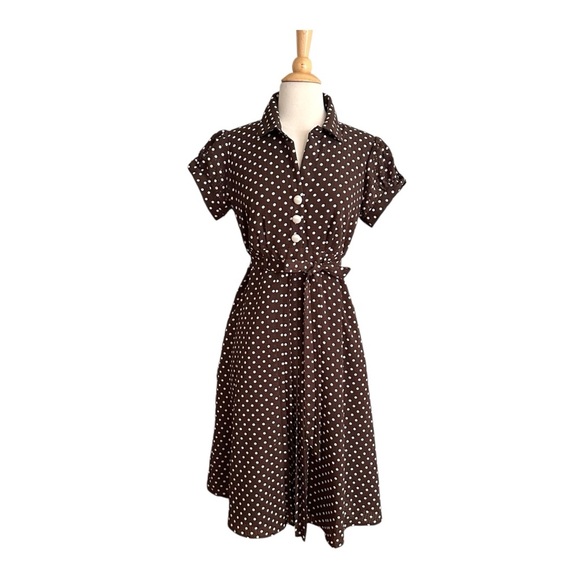 Signature by ROBBIE BEE Brown Polka Dot Dress Rockabilly Retro Housewife Size 8 - Picture 1 of 13